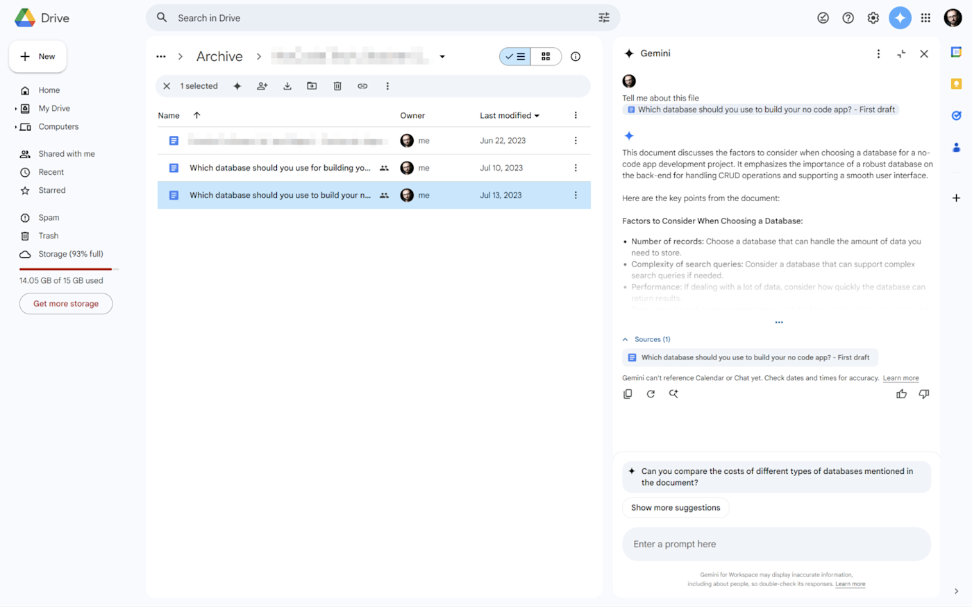 Gemini in Google Drive, with a chat window on the side to ask questions about files