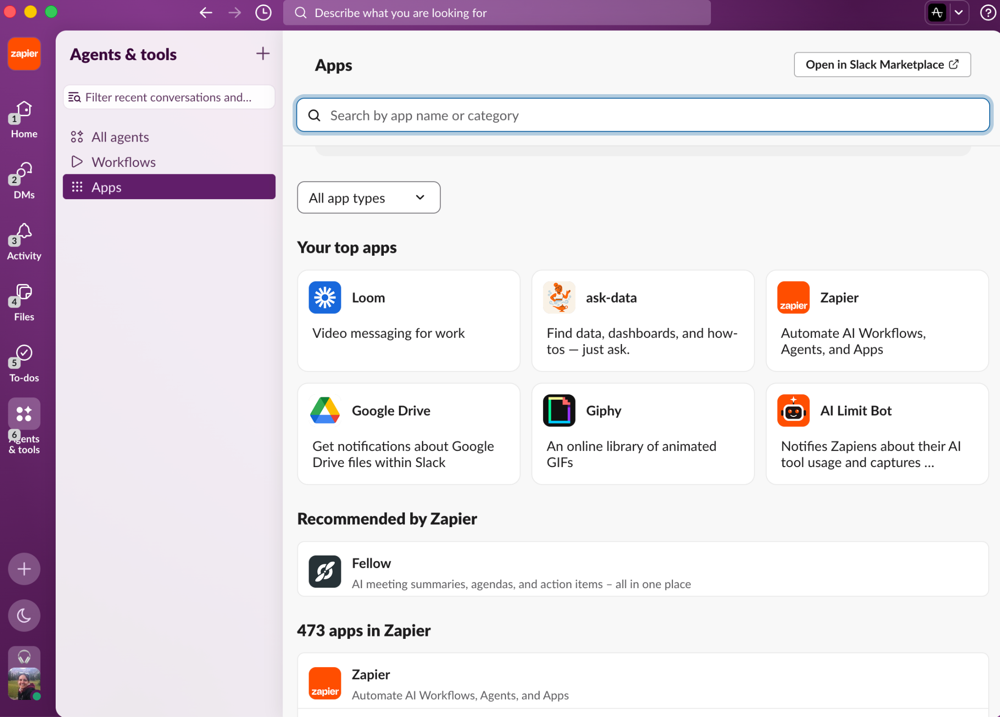 Slack Apps page listing top and recommended apps