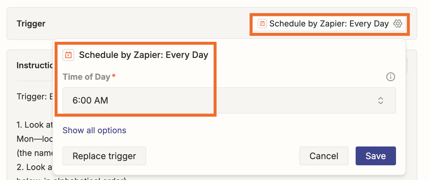 Screenshot of schedule by zapier trigger