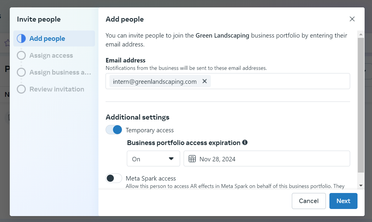 Permissions for collaborators in Meta Business Suite