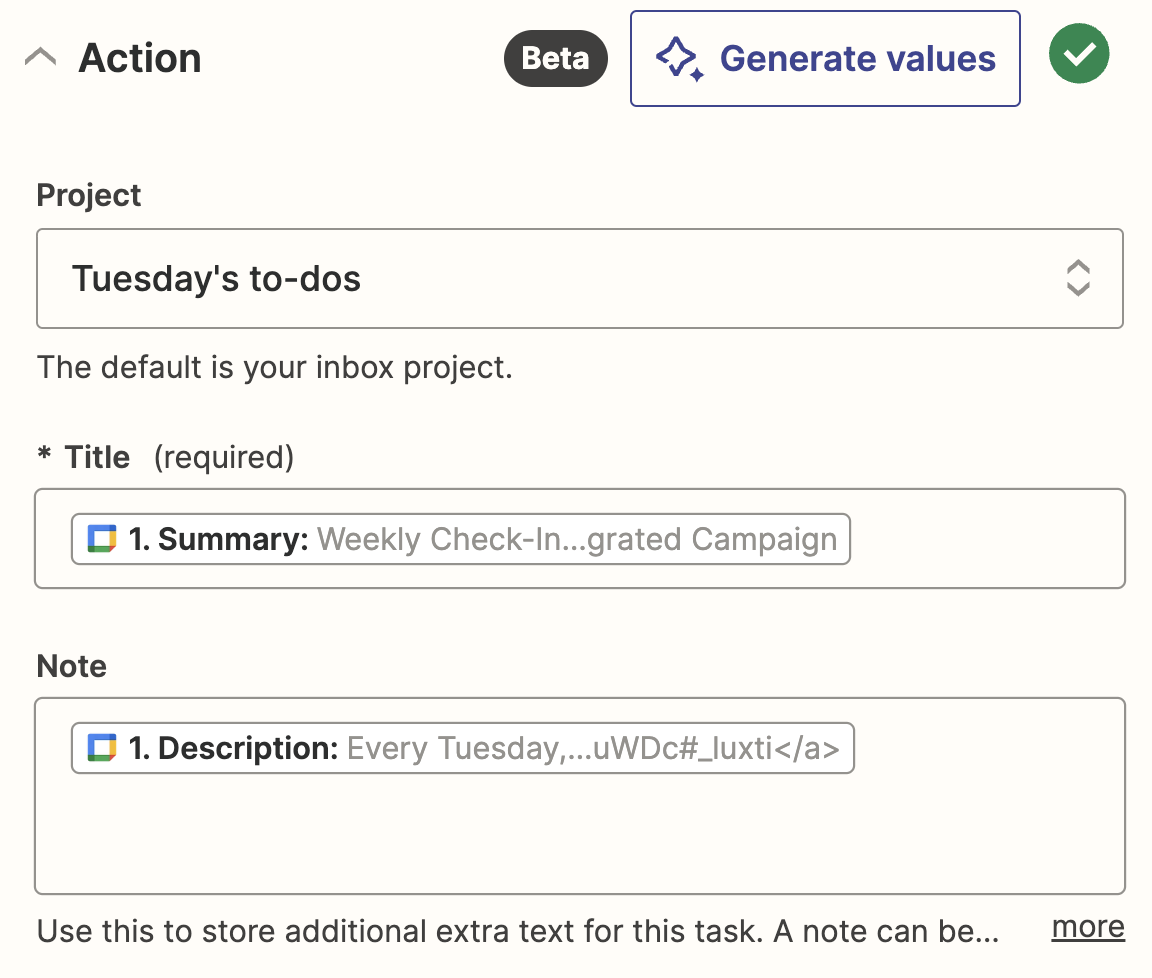 Todoist task fields in an action step in the Zap editor.