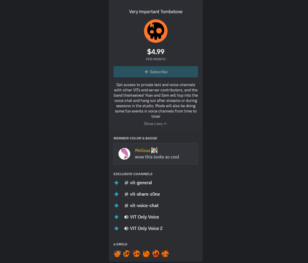 The Living Tombstone's subscription page on Discord