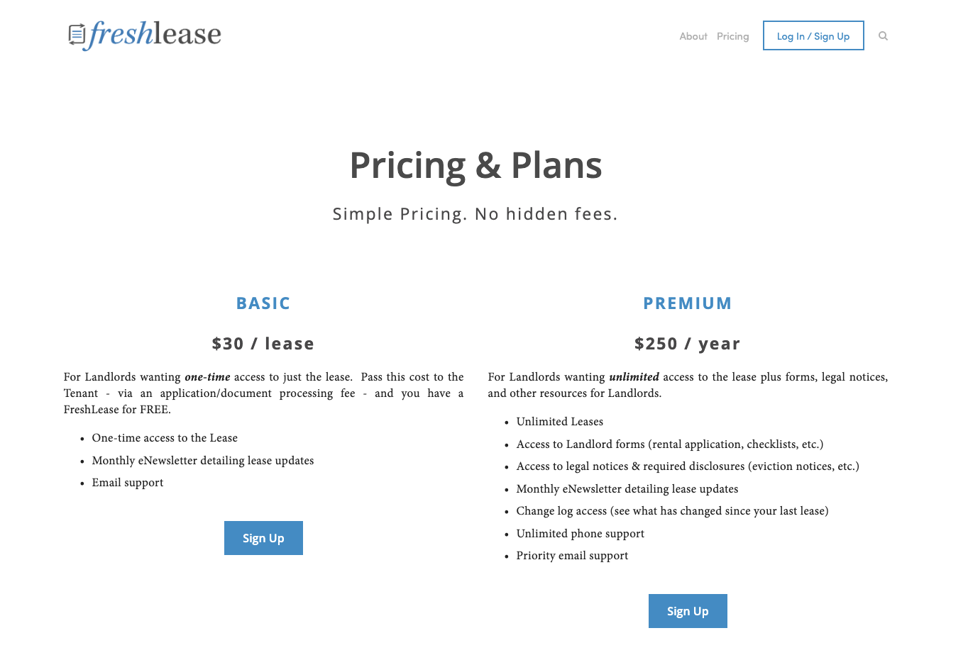 The pricing page from FreshLease.com