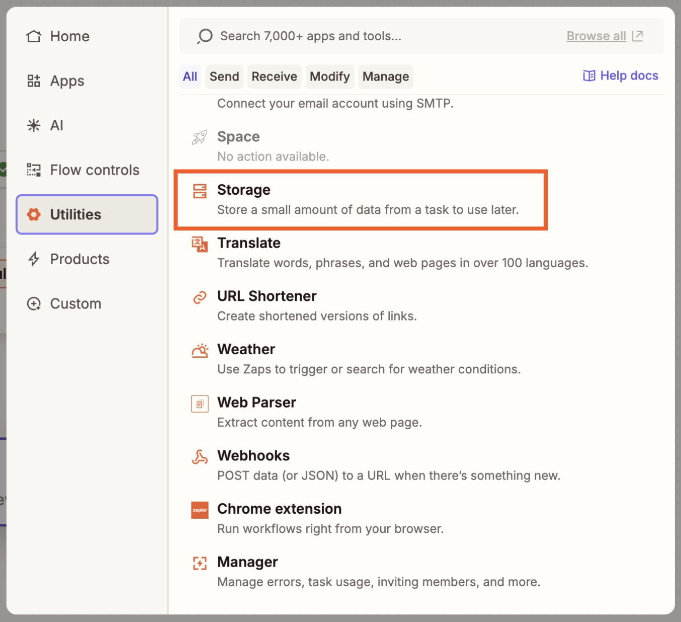 A window that shows a search bar and a list of built-in Zapier tools, with an orange box surrounding the option for Storage