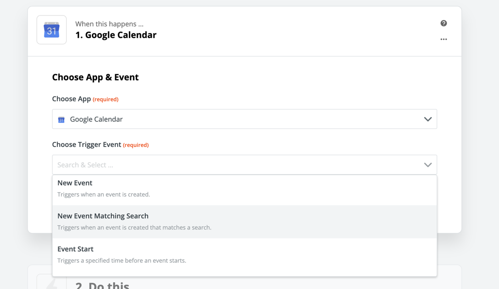 New Event Matching Search Google Calendar action in Zapier