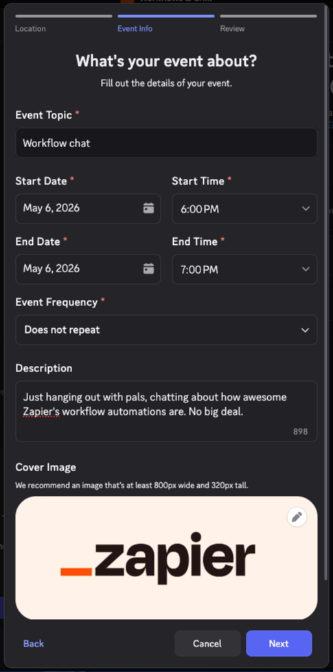  A view of the event creation form, where the user fills out details like topic, start time, description, and uploads an optional cover image.
