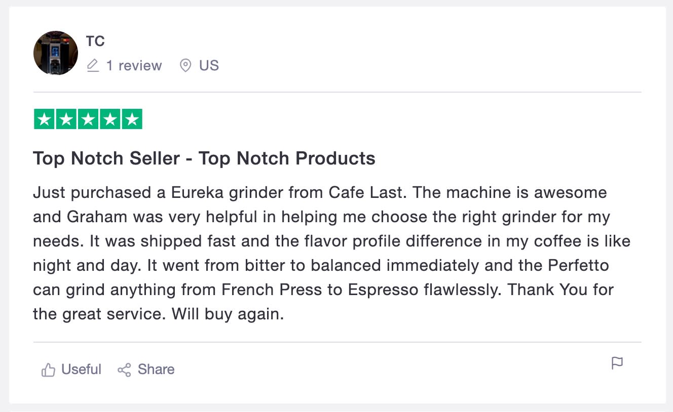 A positive customer review titled "Top Notch Seller - Top Notch Products"