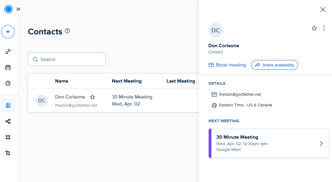 An individual Contacts detail page in Calendly