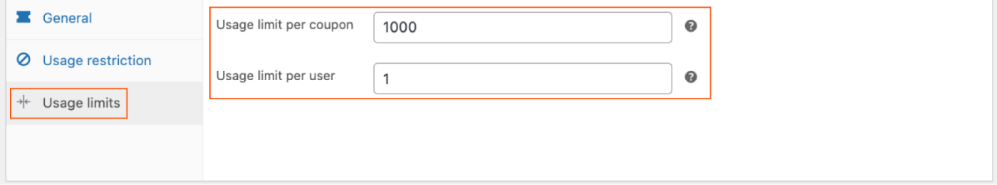 Screenshot of the Usage limits field in WooCommerce