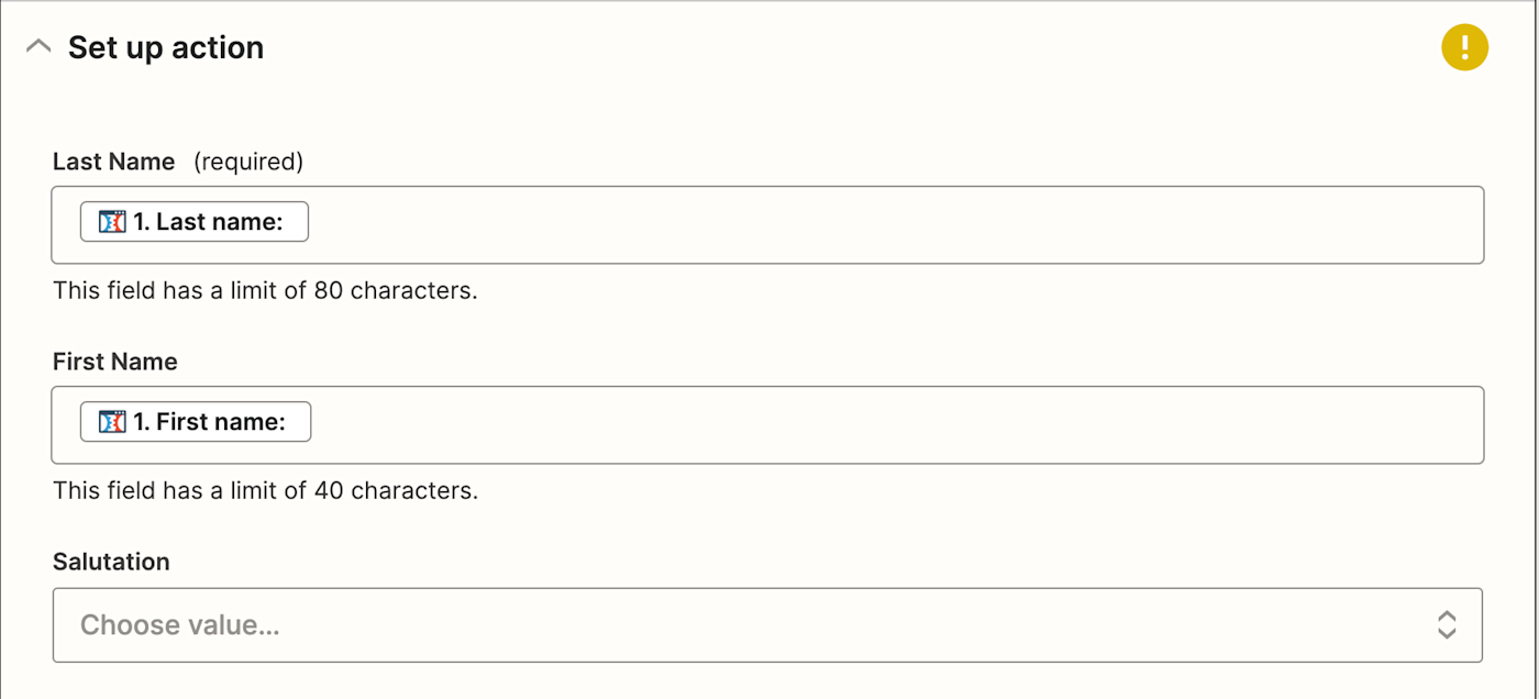 A set of fields under Set up action, including last name, first name, and salutation.