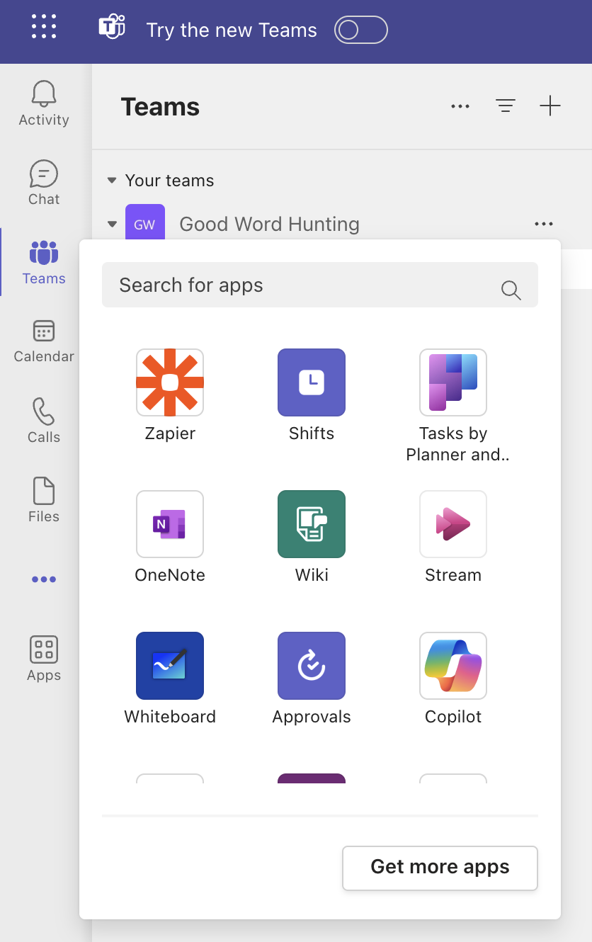 A screenshot of the app tab in the Microsoft Teams interface.