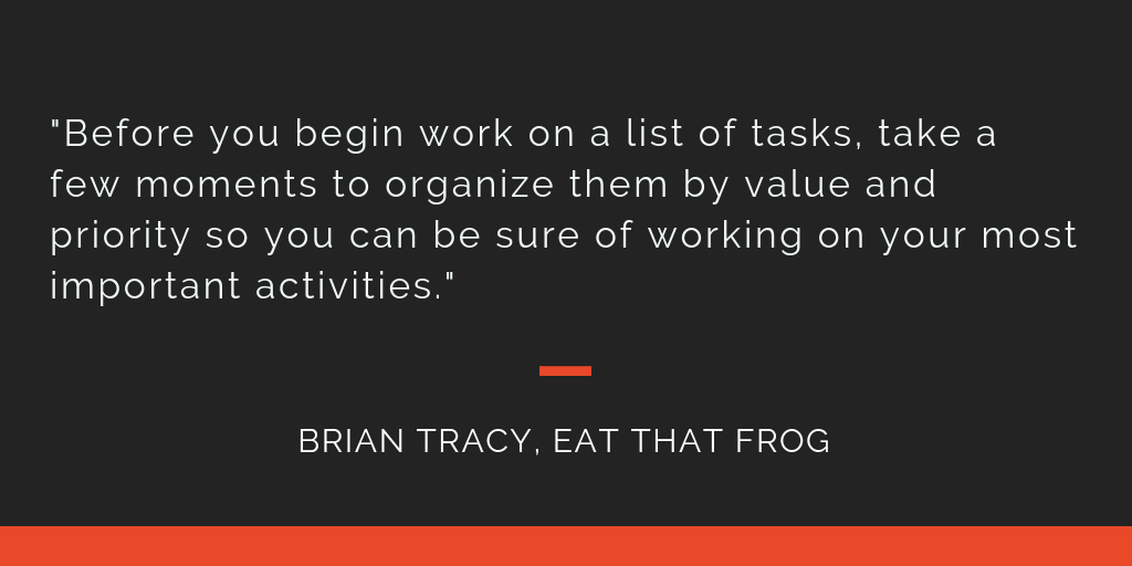 Eat That Frog principle 6: BEfore you begin work on a list of tasks, take a few moments to organize them by value and priority so you can be sure of working on your most important activities.