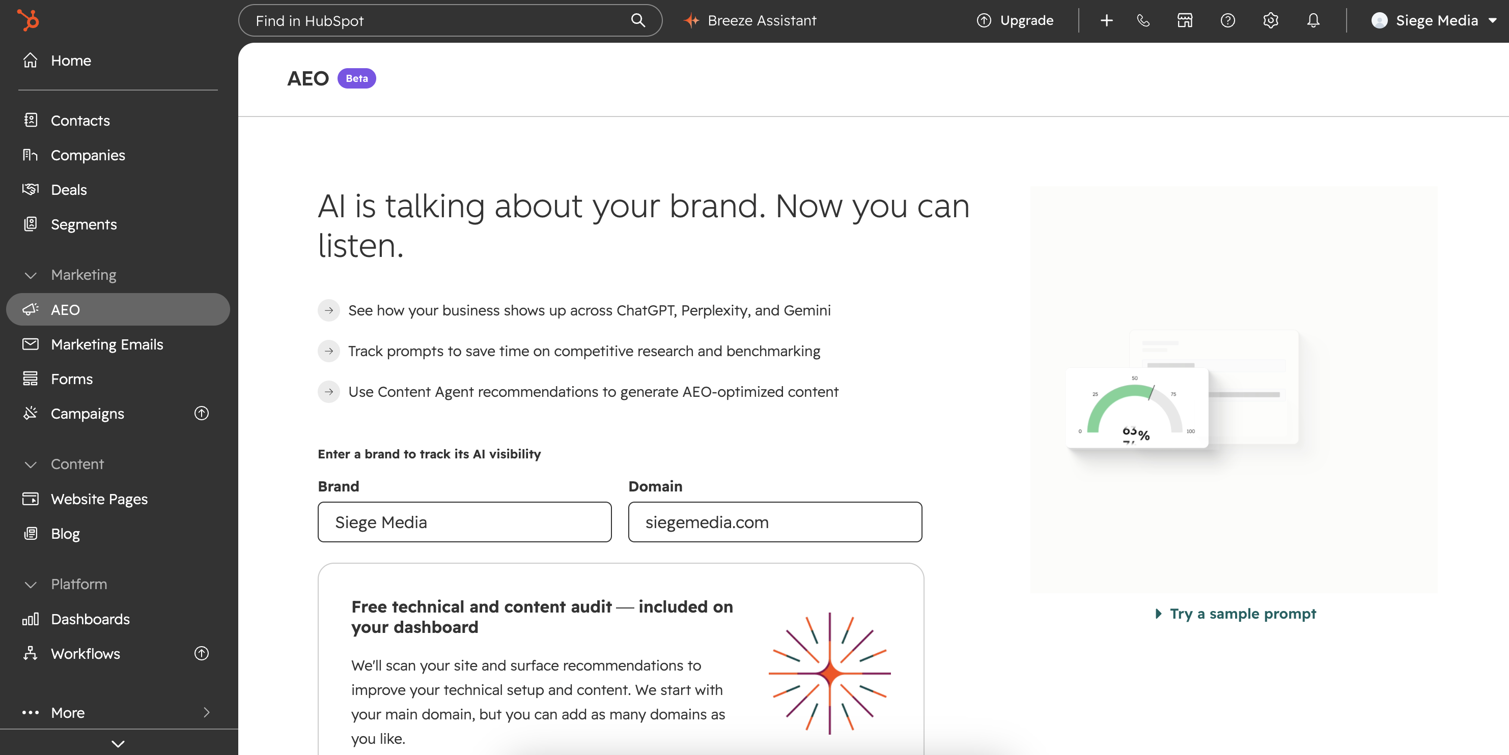 A screenshot of the HubSpot AEO dashboard. 