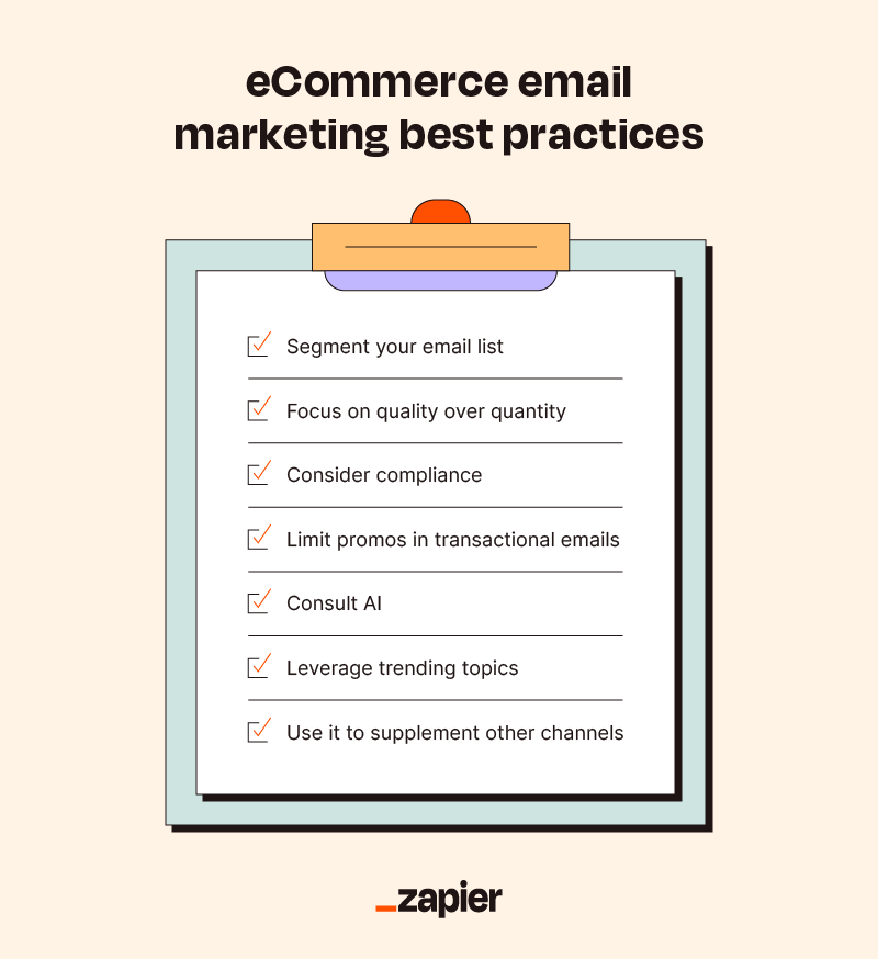 Graphic titled eCommerce email marketing best practices with a checklist.