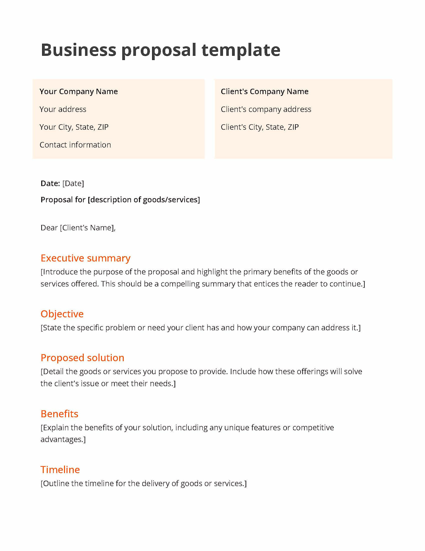 Orange and white business proposal template including an executive summary, objective and proposed solution