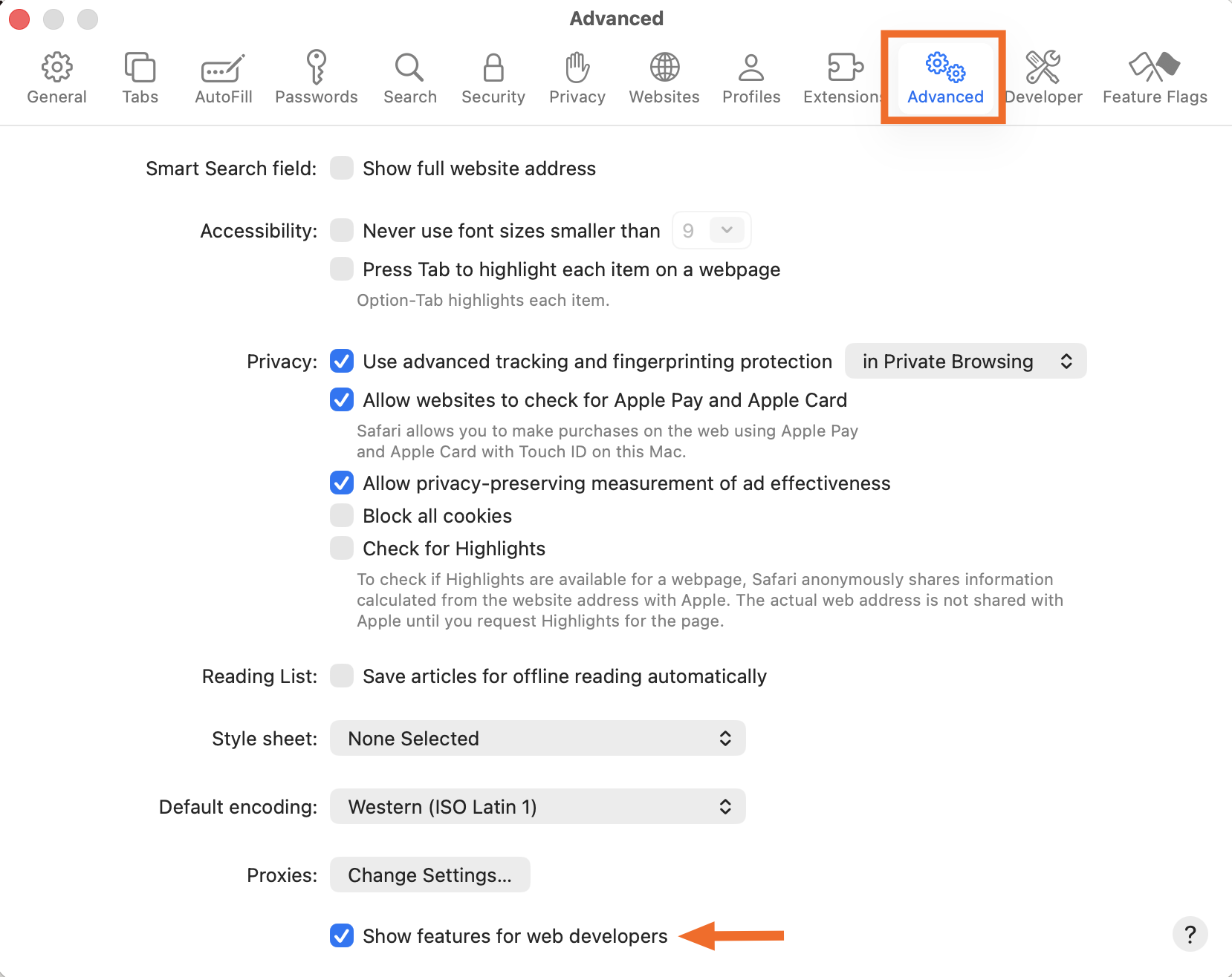 Safari advanced settings window.