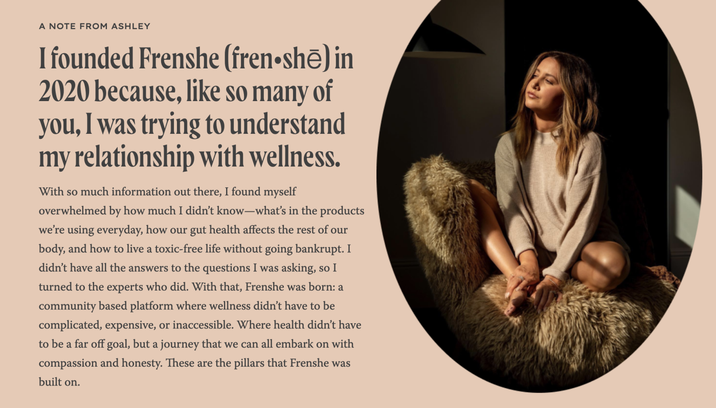 Screenshot of Ashley Tisdale and a note from her on the right explaining why she founded Frenshe