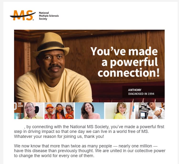 A welcome email from the National Multiple Sclerosis Society