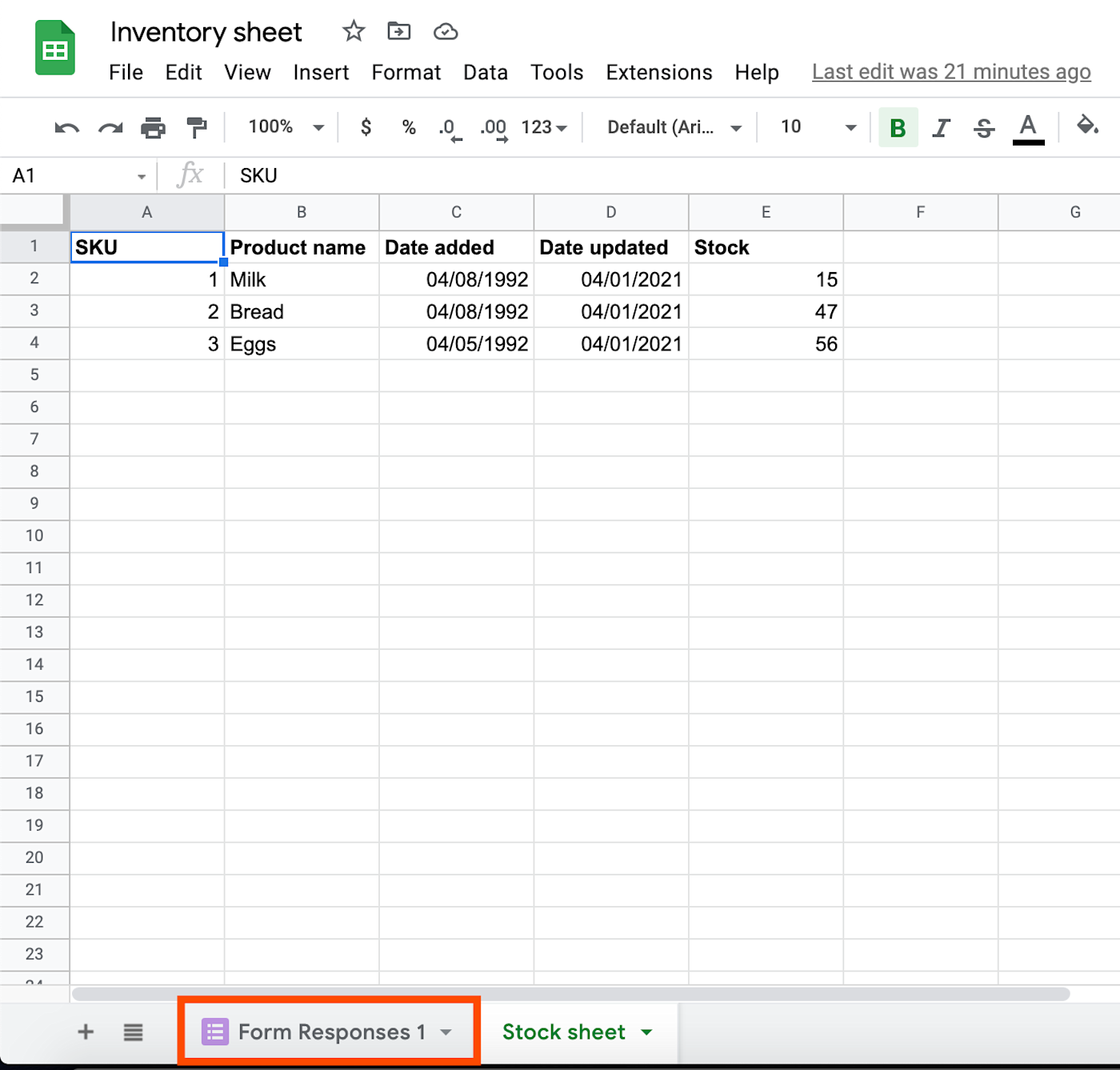 A Google Sheets spreadsheet titled "Inventory sheet" with the tab "Form Responses 1" highlighted with an orange box. 