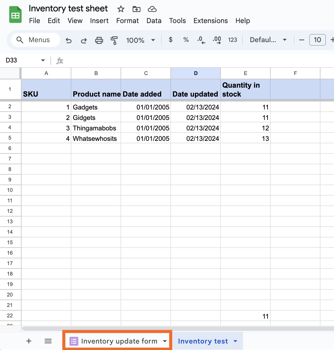 A Google Sheets spreadsheet titled "Inventory sheet" with the tab "Form Responses 1" highlighted with an orange box. 