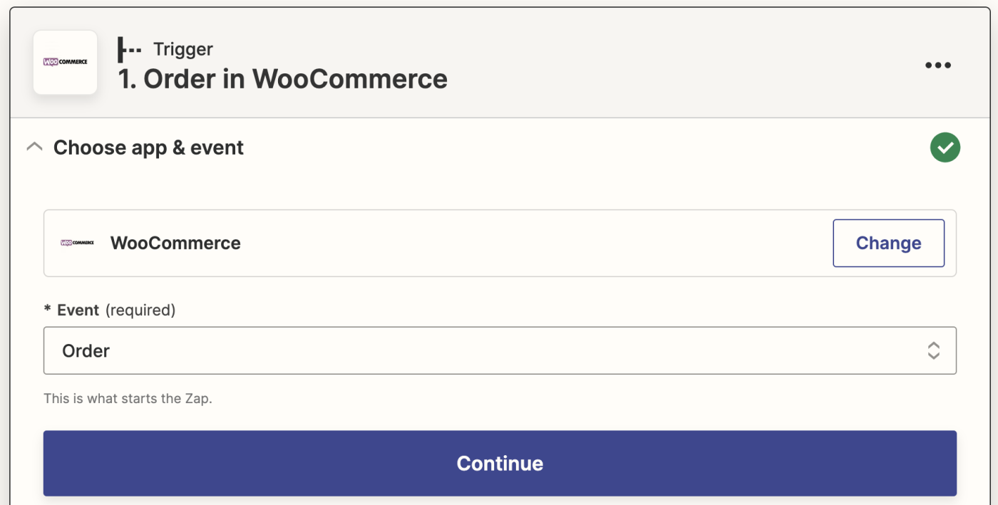 WooCommerce has been selected with Order selected in the Event field.