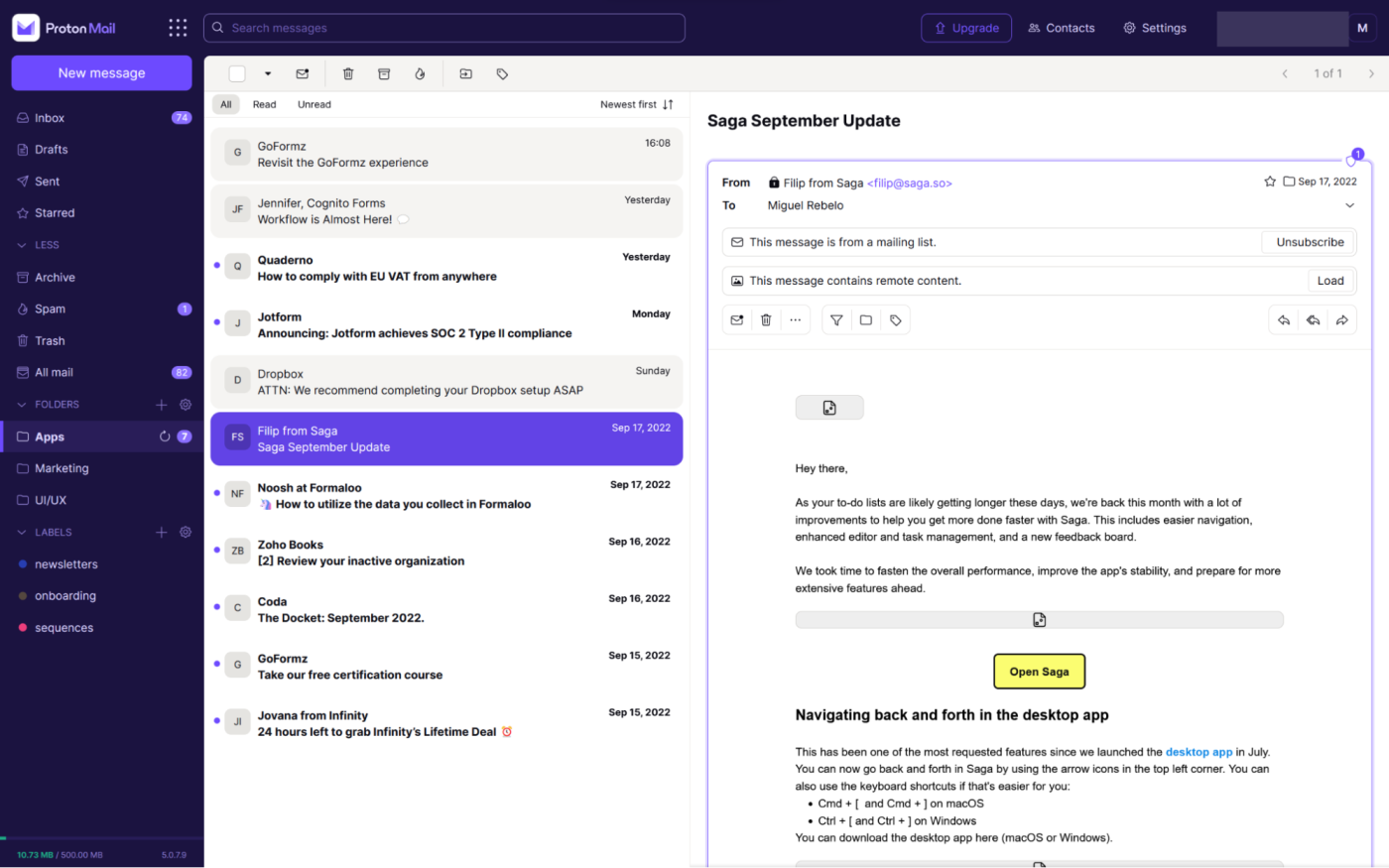 ProtonMail web app interface