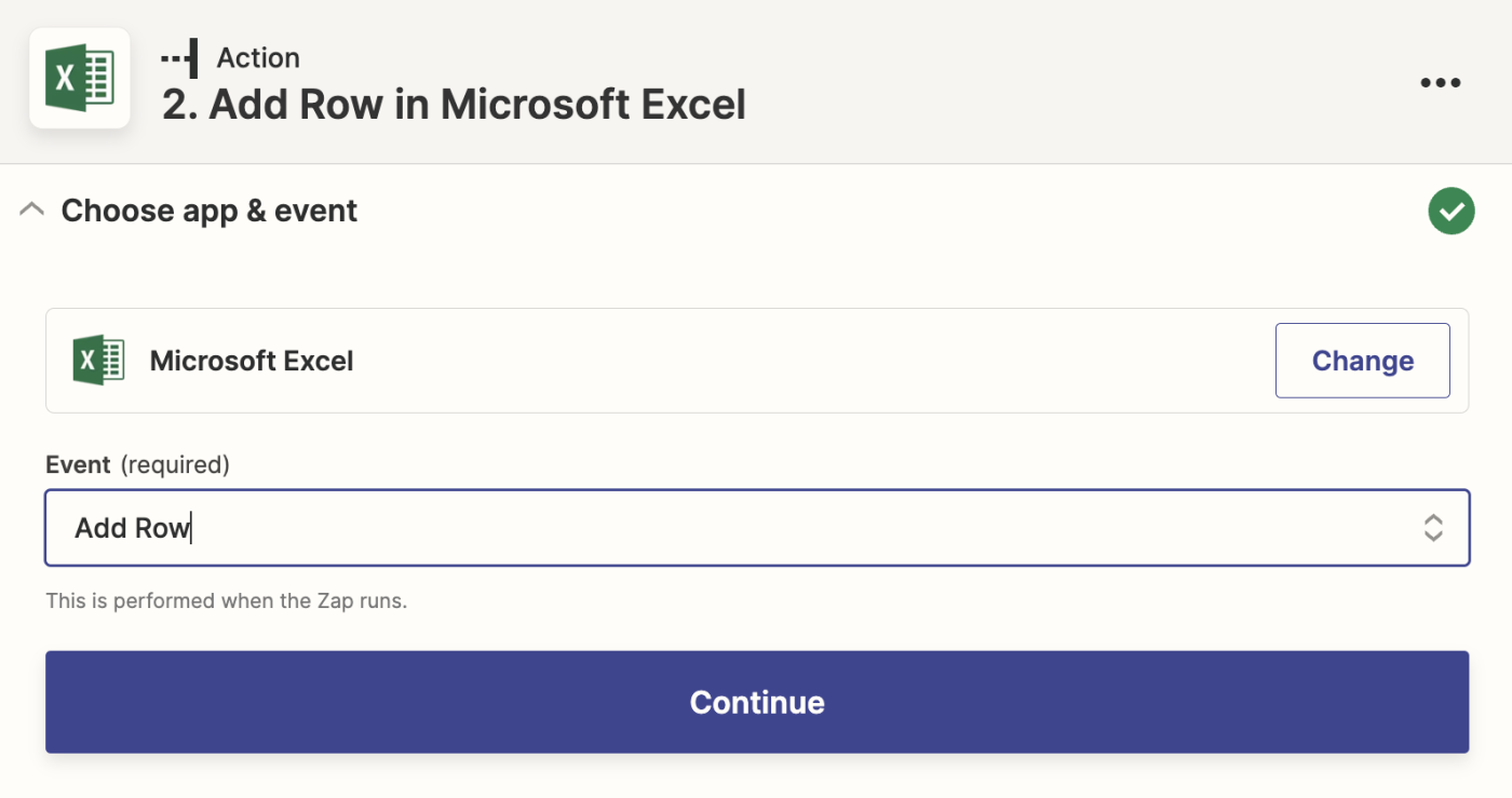 Microsoft Excel is selected with Add Row selected in the event field.