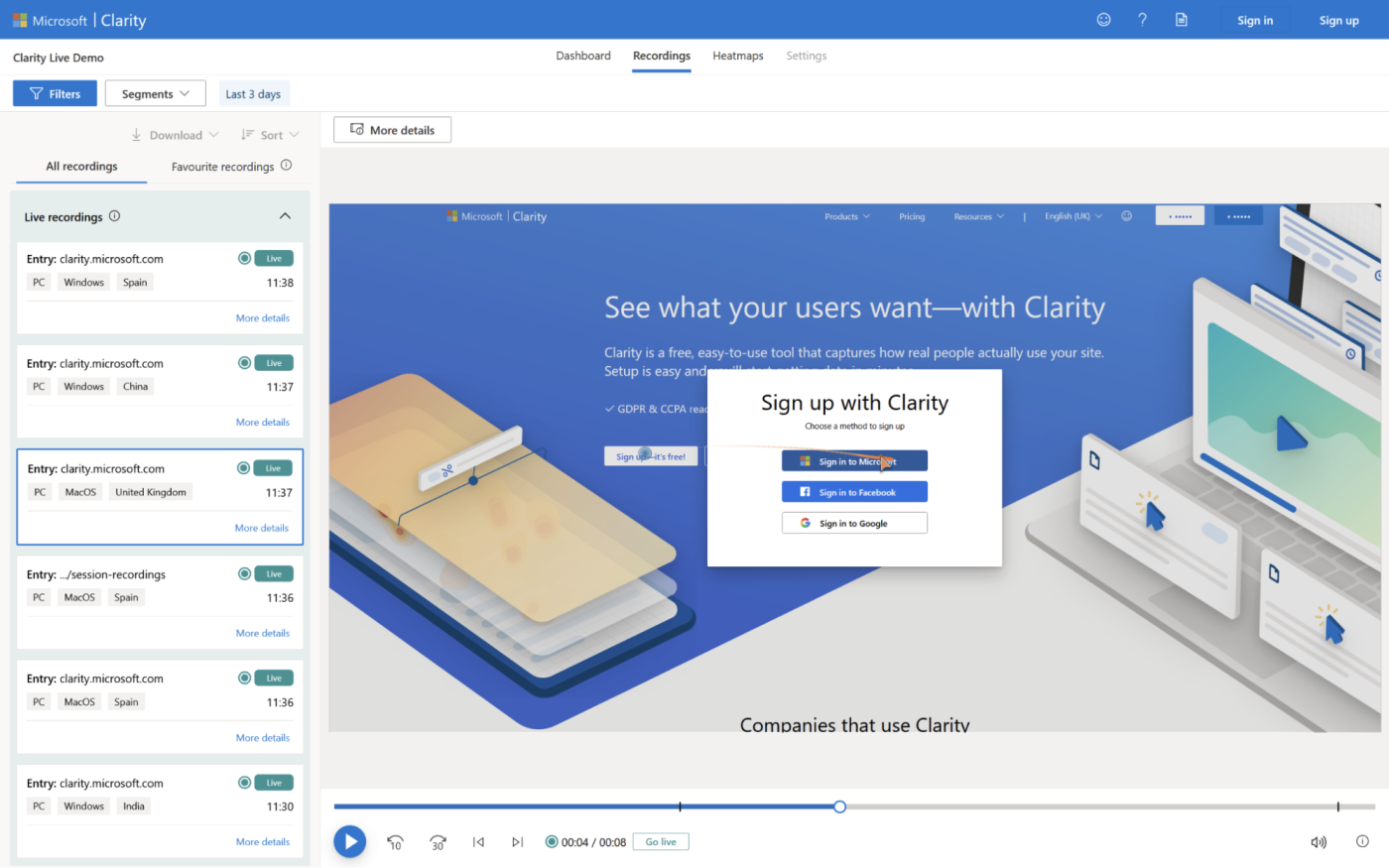 Microsoft Clarity, our pick for the best free heatmap tool and session replay software