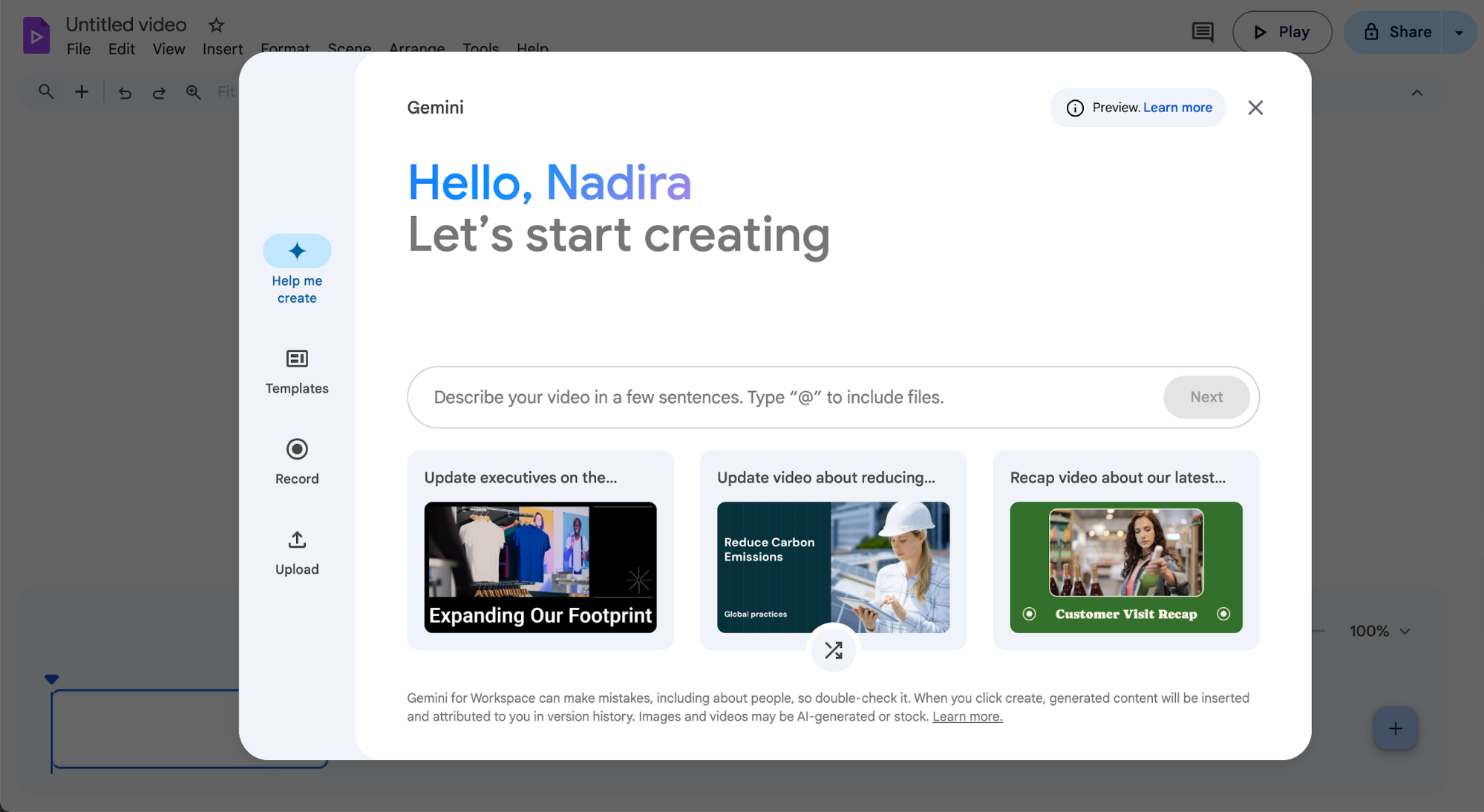 Google Vids welcome screen. 