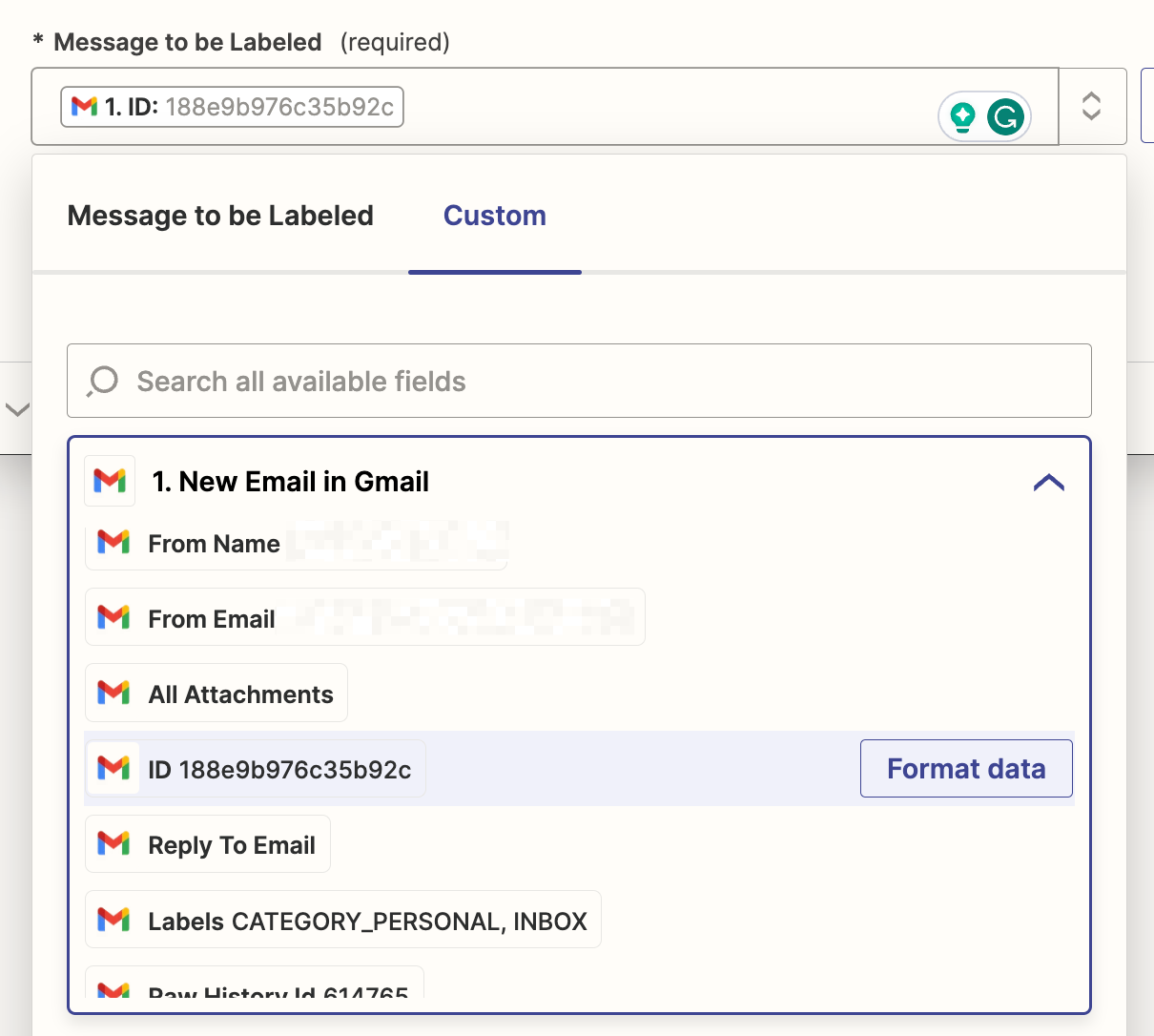 A screenshot of the Message to be Labeled field in a Gmail step in the Zapier editor.