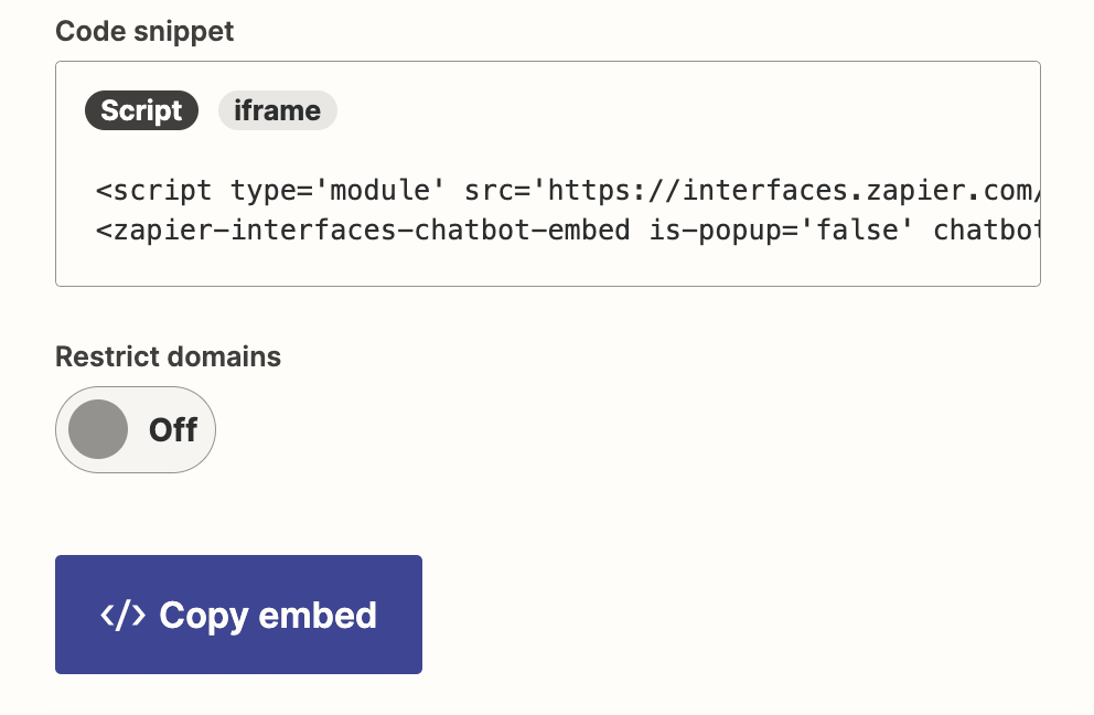 A code snippet box with code script entered for a chatbot embed.