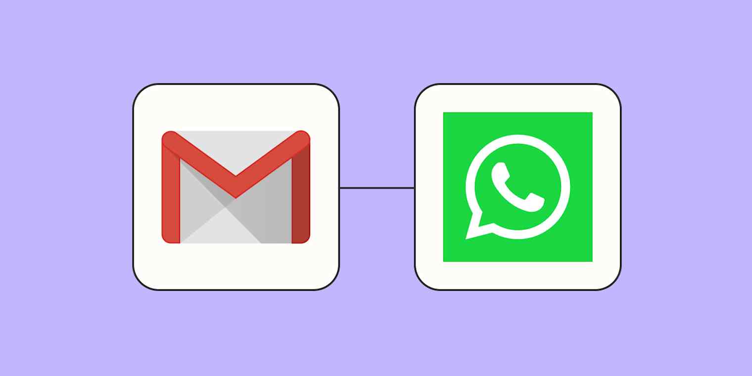The Gmail logo connected to the WhatsApp Notifications logo against a lavender background