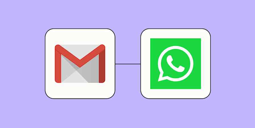 The Gmail logo connected to the WhatsApp Notifications logo against a lavender background