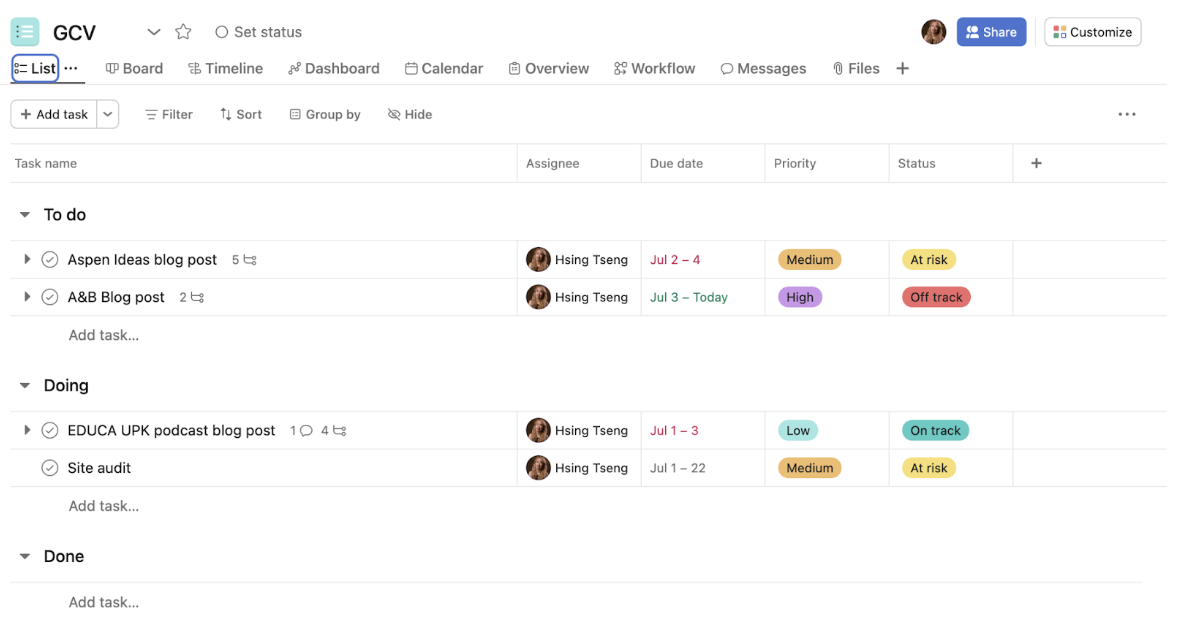 An image of a List view in Asana.