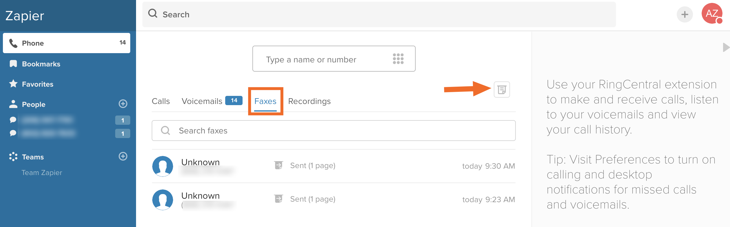 Send Fax button in RingCentral 