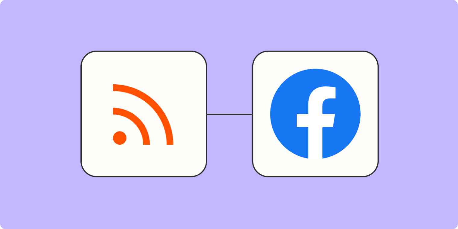 A hero image of an RSS icon connected to the Facebook logo on a light purple background.