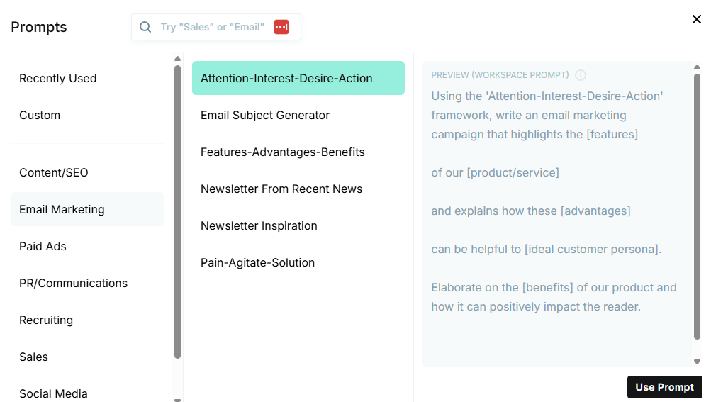 Browsing prompts in Copy.ai