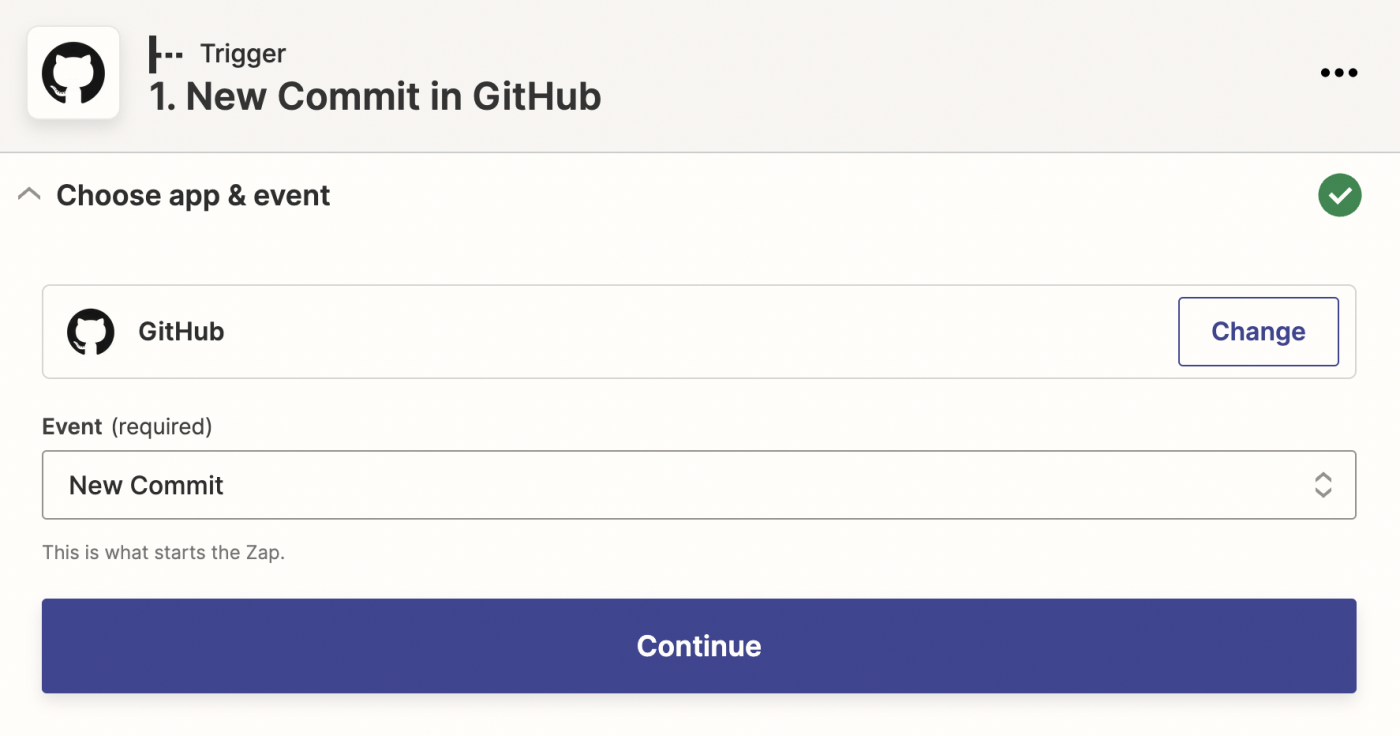 Screenshot selecting a GitHub trigger event.