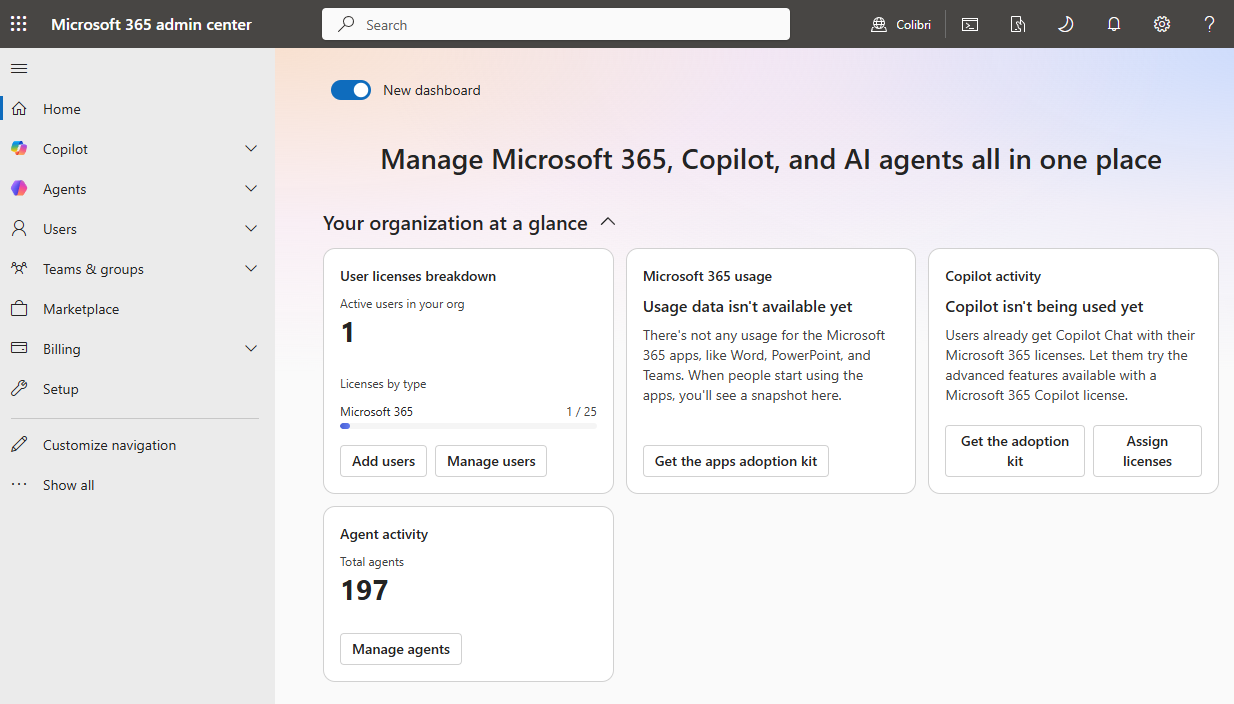 The Microsoft 365 admin page