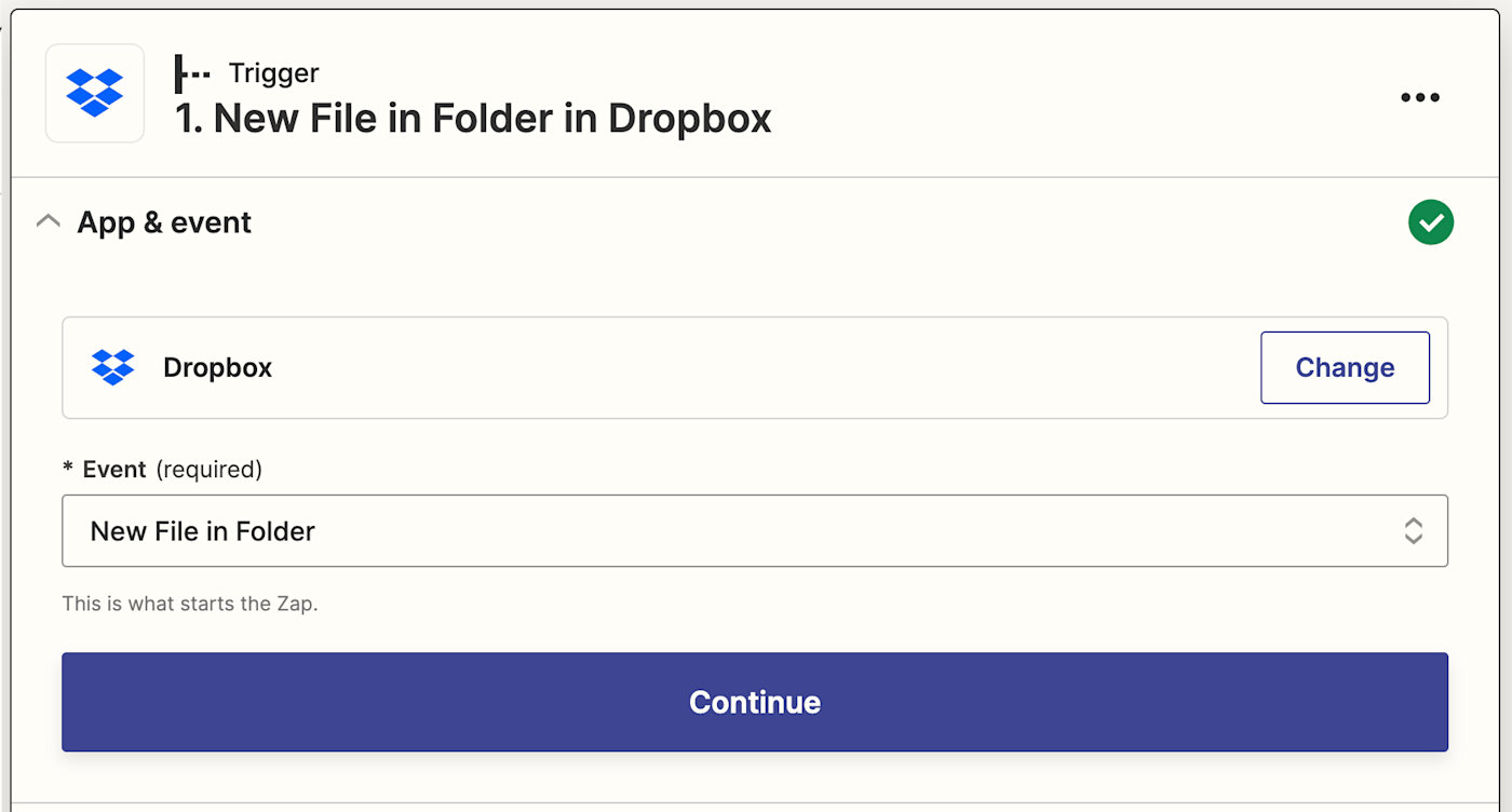 Screenshot of Dropbox trigger in the Zap editor