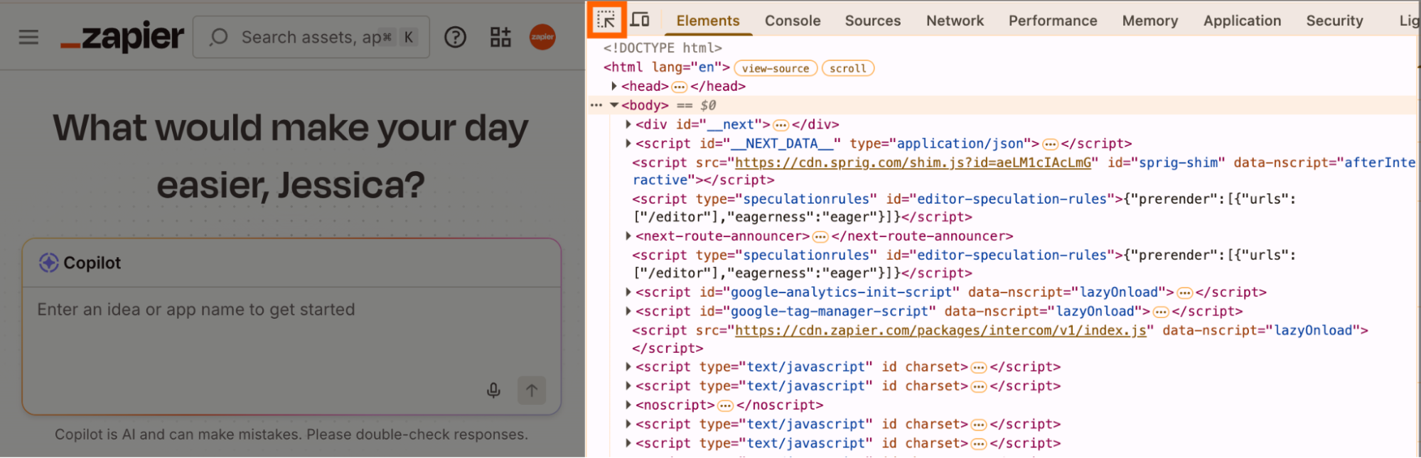 Side-by-side view of a Chrome webpage (left) and the DevTools pane (left). The cursor mode icon in the DevTools pane is highlighted.