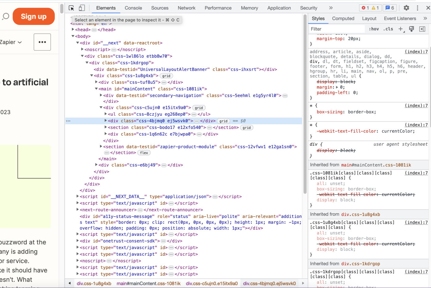 Screenshot of the writer highlighting a part line of the  Elements tab in the Developer Tools pane