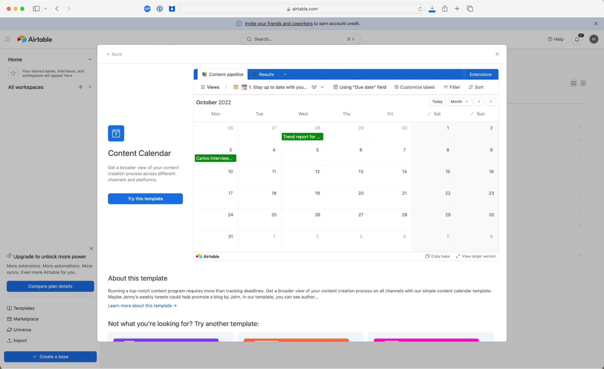 A content calendar template in Airtable