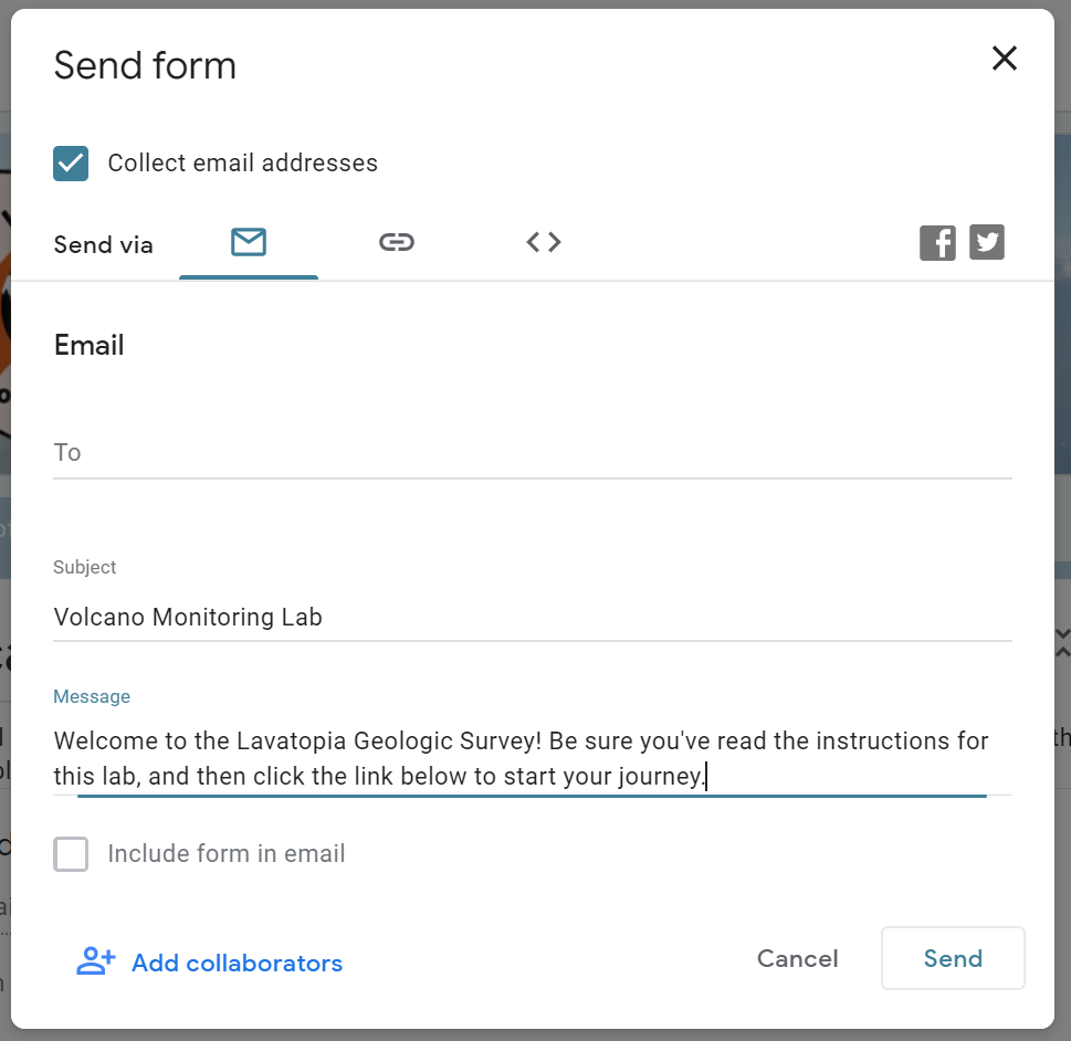 A screenshot of the email sharing option in Google Forms
