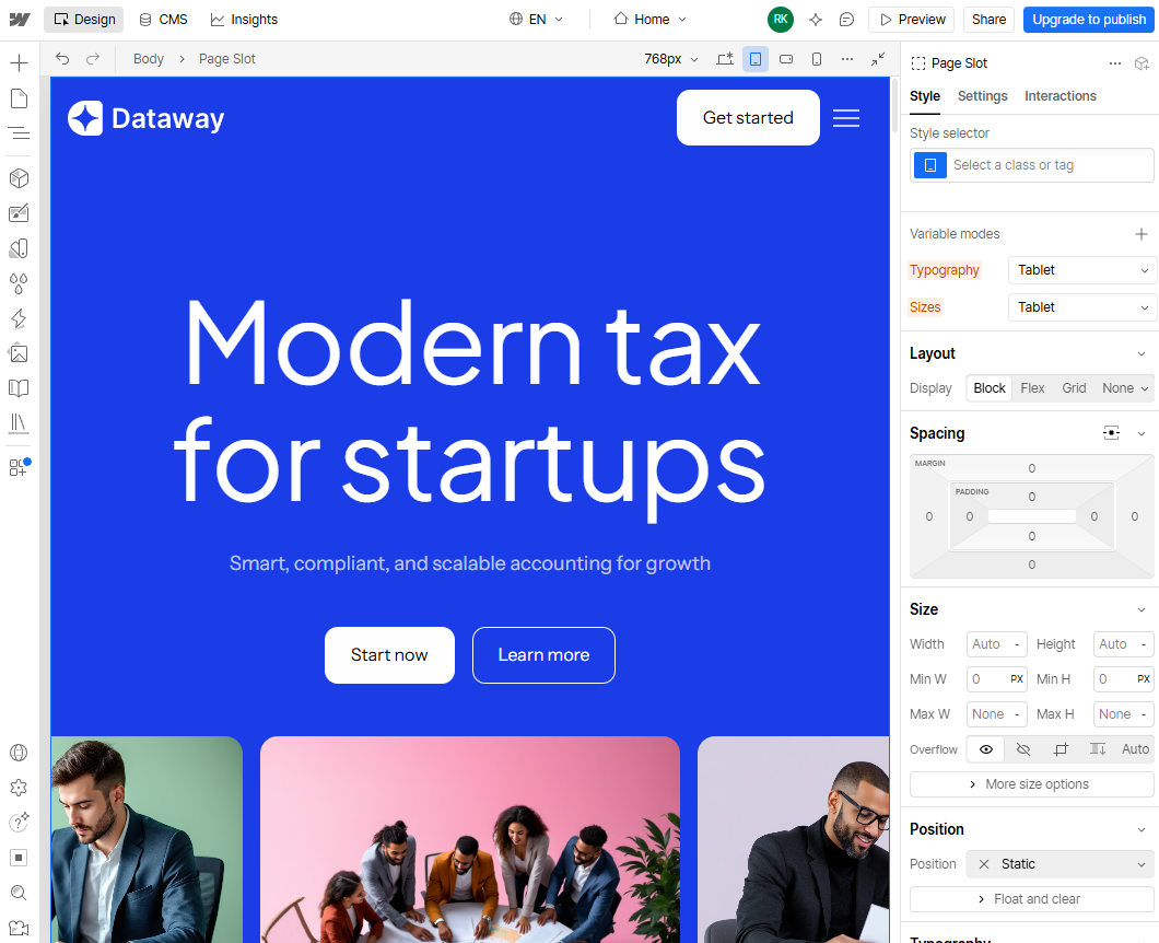 Webflow's customization options in the editor