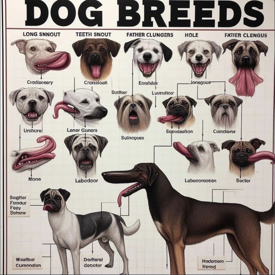 A ChatGPT-generated image with various dog breeds that look very wonky