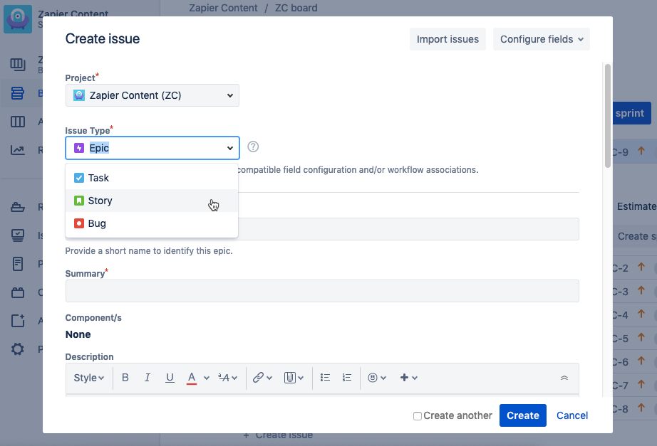 select issue type in Jira
