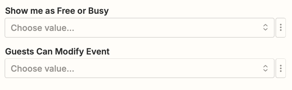 Calendar fields in the Zap editor to show me as free or busy or to select if guests can modify the event.