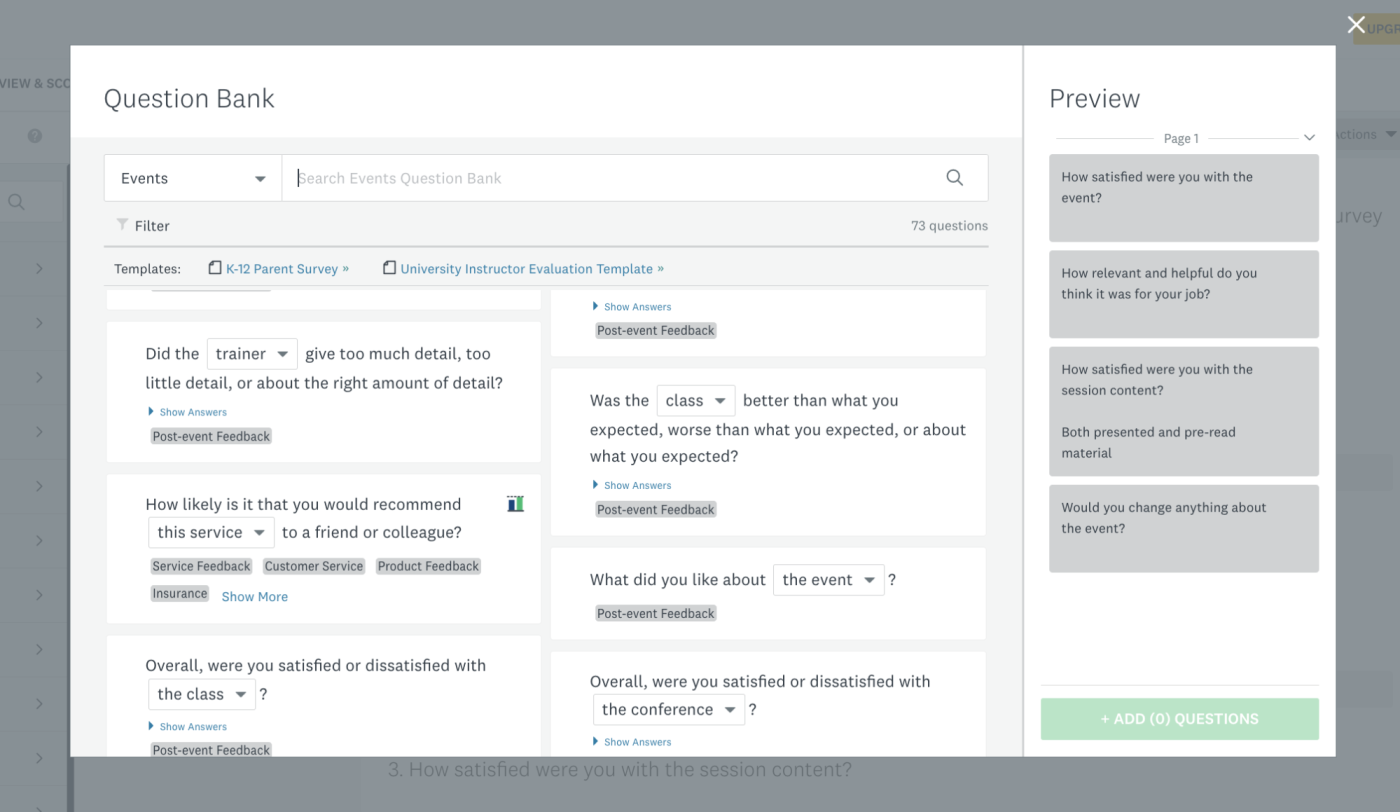 Question bank in SurveyMonkey