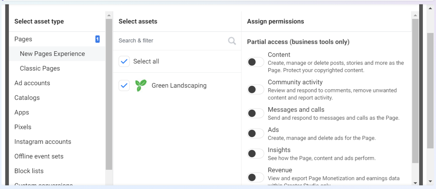 Assigning permissions for assets to partners in Meta Business Suite